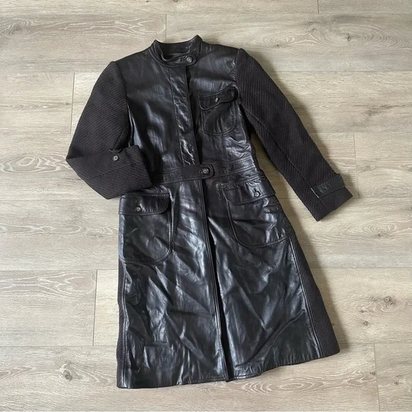 DKNY Italian Lamb Leather 100% Wool Midi Coat Brown Sz 6